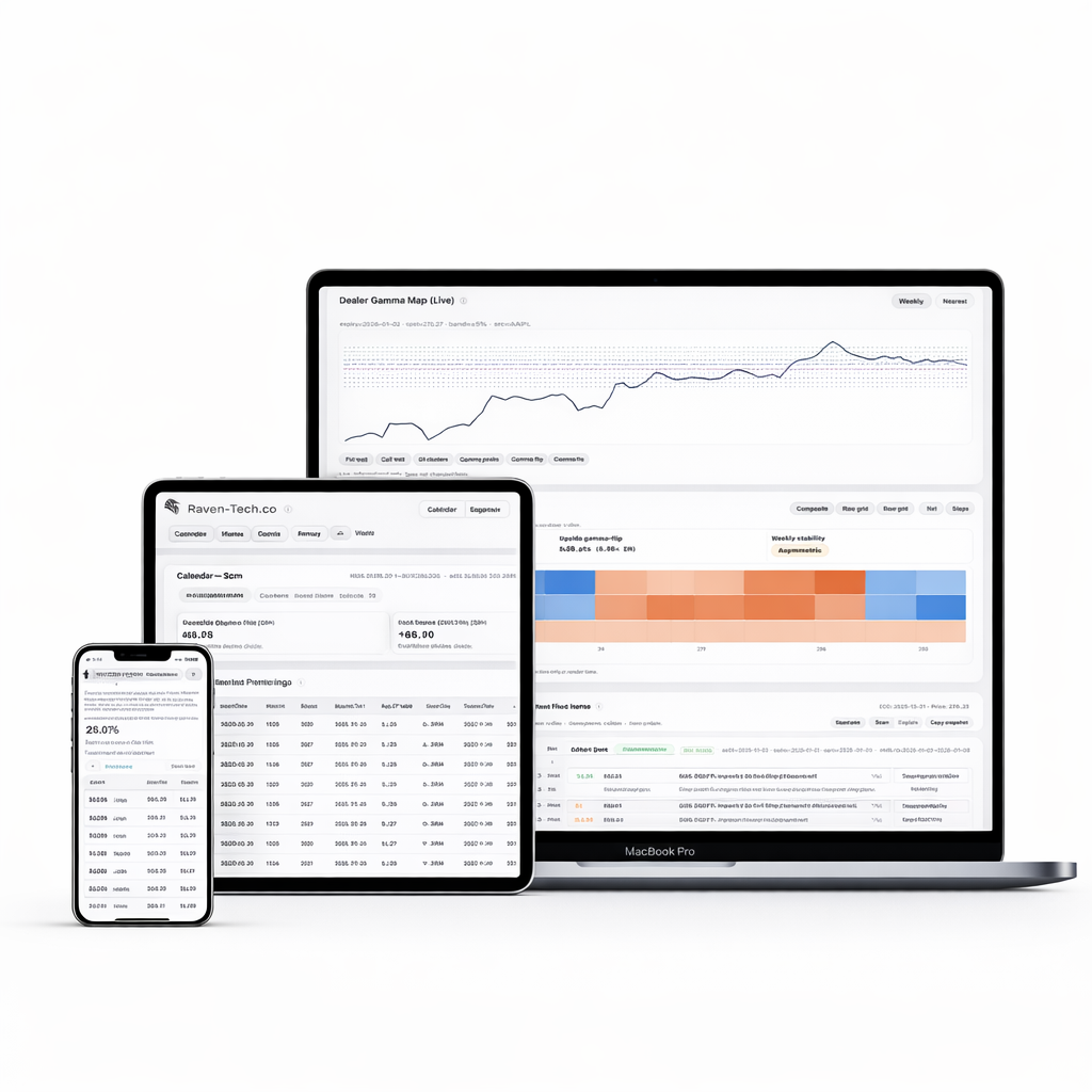 Raven-Tech.co across desktop and mobile — earnings calendar, dealer gamma maps, and weekly risk heat-maps
